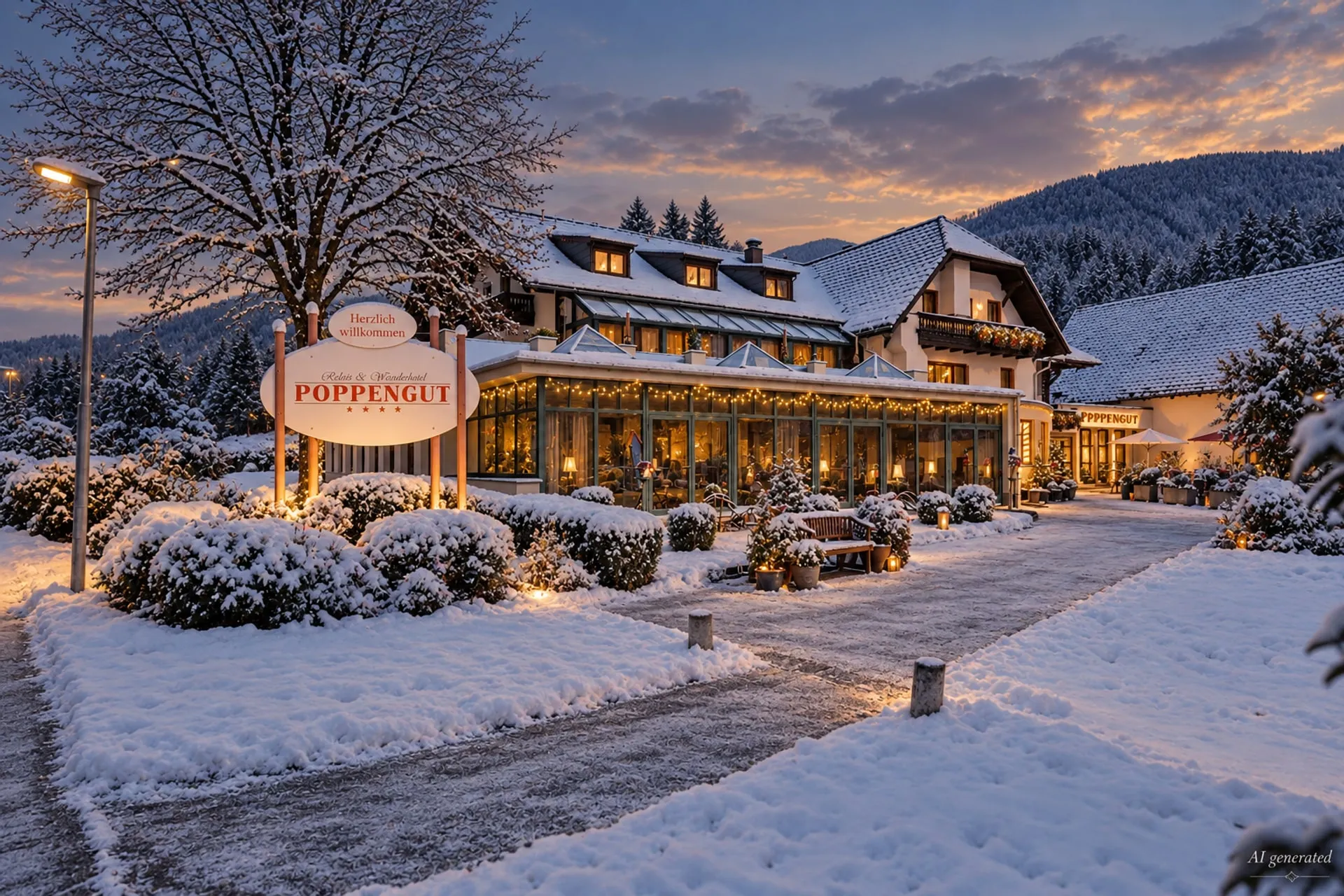 Derselbe Blick im Winter – verschneit, abends warm beleuchtet (KI-erzeugtes Bild)